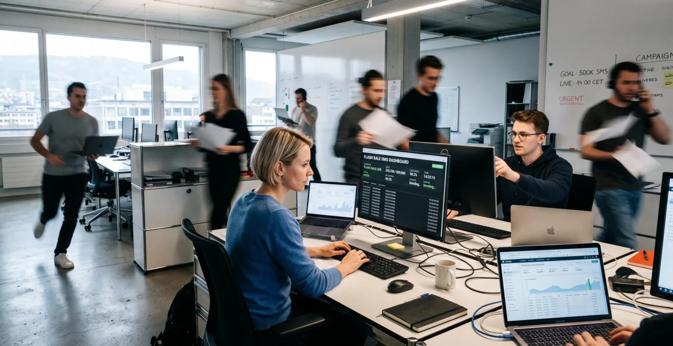 Équipe e-commerce travaillant sur campagne SMS flash sales dans bureau moderne