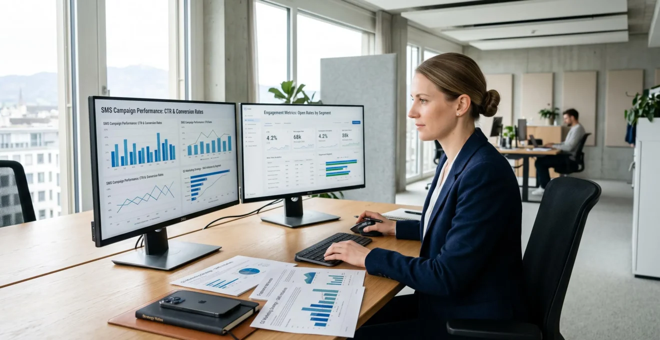 Responsable marketing dans bureau moderne consultant analyses de campagnes SMS sur écrans d'ordinateur